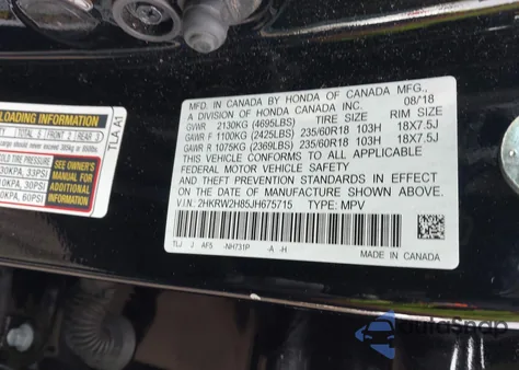 2018 Honda Cr-V Ex-L/Ex-L Navi from USA, damaged, VIN 2HKRW2H85JH675715